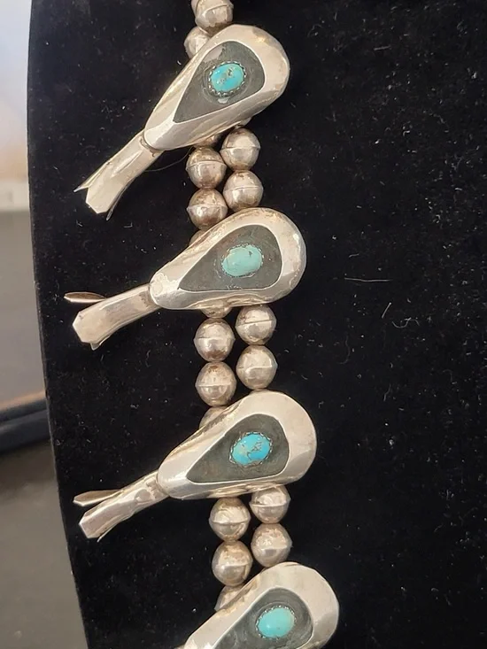 Sterling Silver Turquoise Squash Blossom Necklace - - Picture 9 of 16